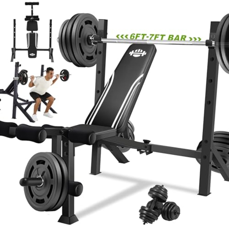 Home Gym Leg Press - ชุดม้านั่งยกน้ำหนัก 900 ปอนด์ พร้อมชั้นวางสควอท ม้านั่งปรับระดับได้สำหรับยกน้ำหนัก พร้อมอุปกรณ์เสริมสำหรับบริหารขา